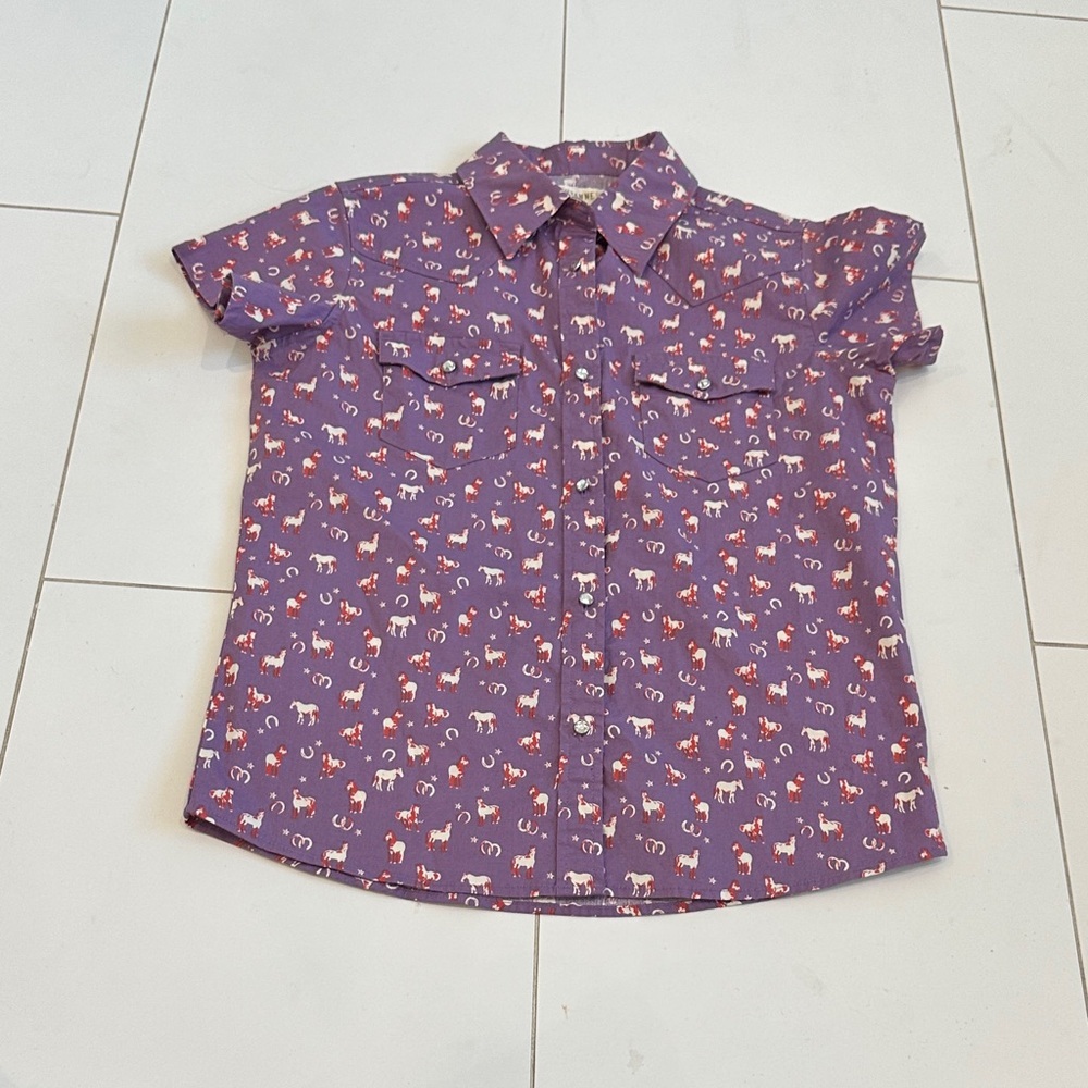 Shyanne Purple Short-Sleeve Button-Up Kids Shirt with Animal Print Large